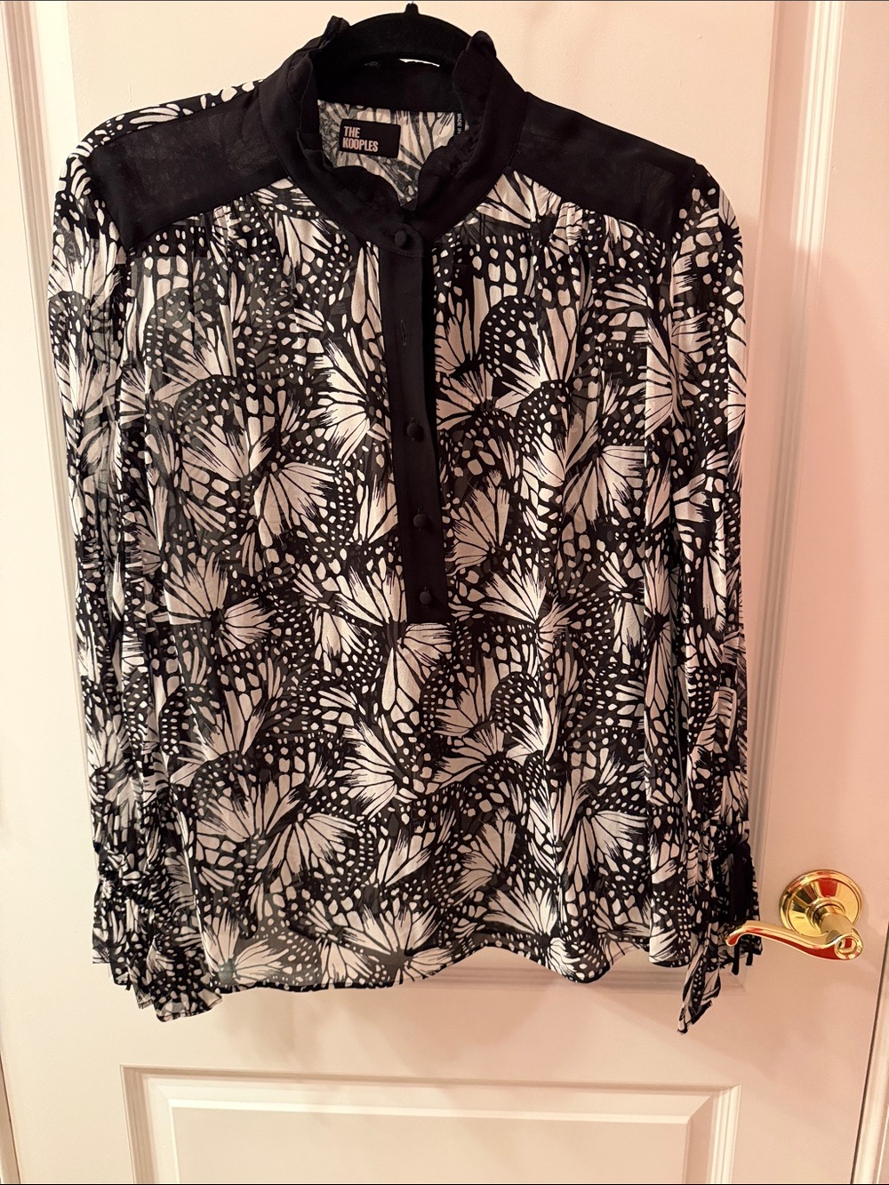 The Kooples Black & White Butterfly-Print Long-Sleeve Blouse